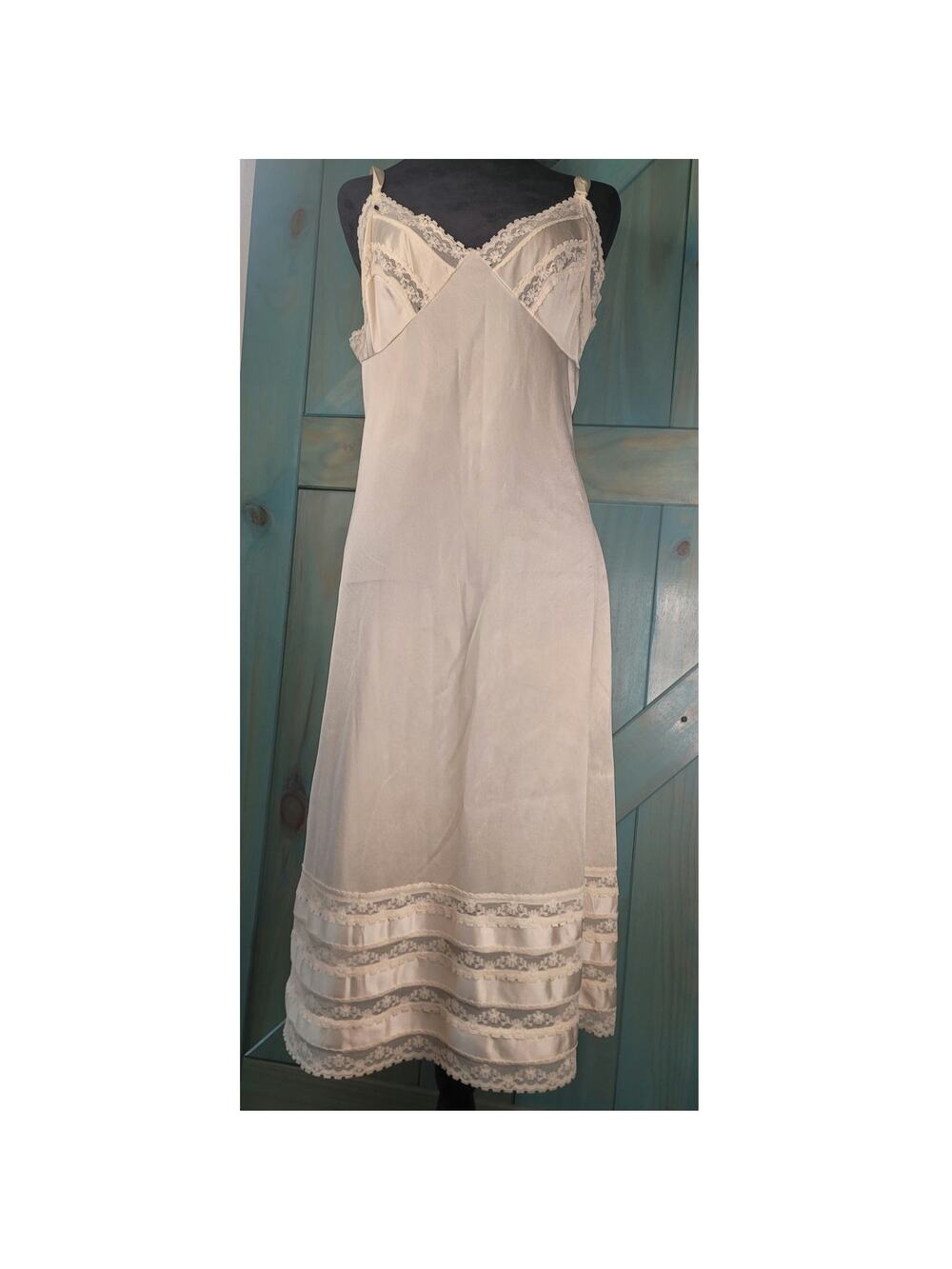 Off-white Vintage Slip Dress Delicate Lace Trim at the Neckline and Hem